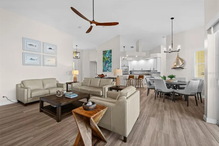 Looking from the living room toward the kitchen and dining