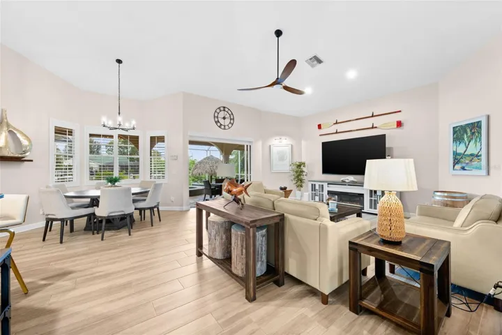 A view of the living room and soaring ceilings from the foyer