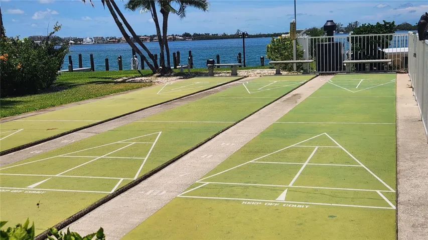 Three deck shuffleboard decks are provided for the neighborly game night