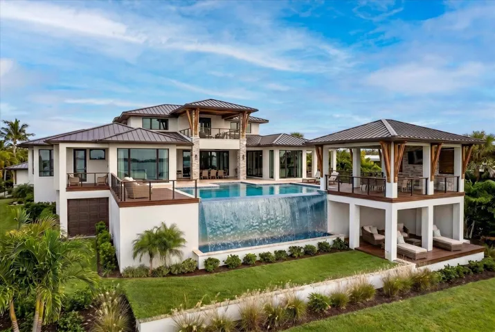 Rear elevation of the grand home designed specifically for this lot by CMSA Architects, based in Sarasota.