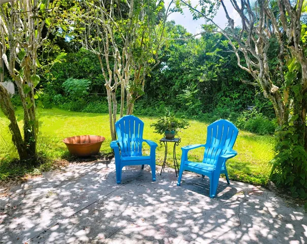 Lush back yard green space . NO LAWNMOWER NEEDED! Yard care included, as are full-sized washer &amp; dryer