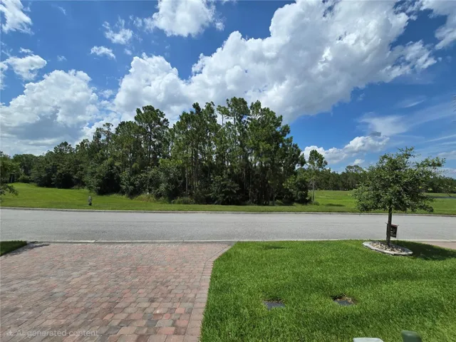 View across the street is wooded and pond
