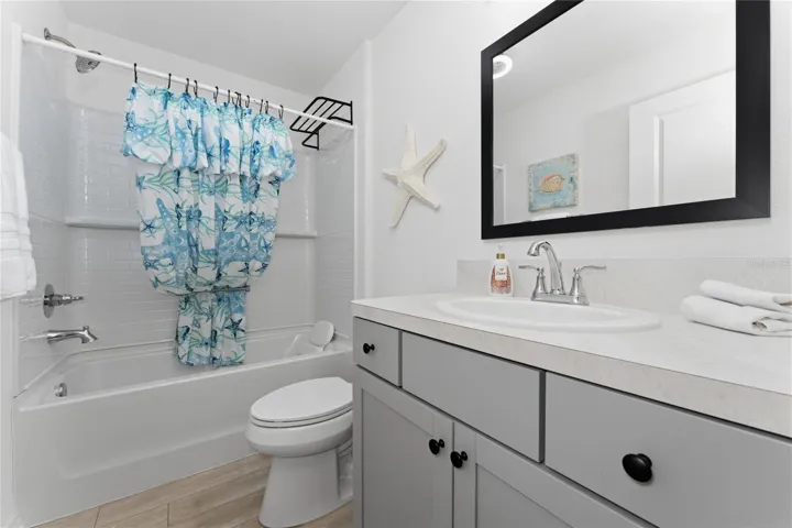 Guest bathroom with single vanity and tub-shower combination.