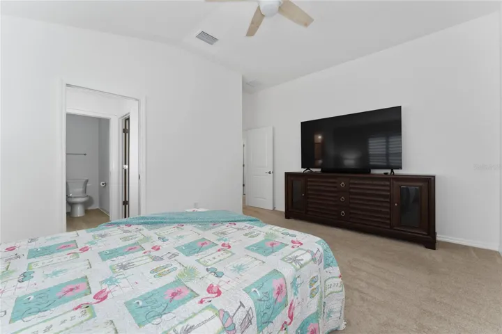 Alternate primary bedroom view with dresser wall and ceiling fan with light.