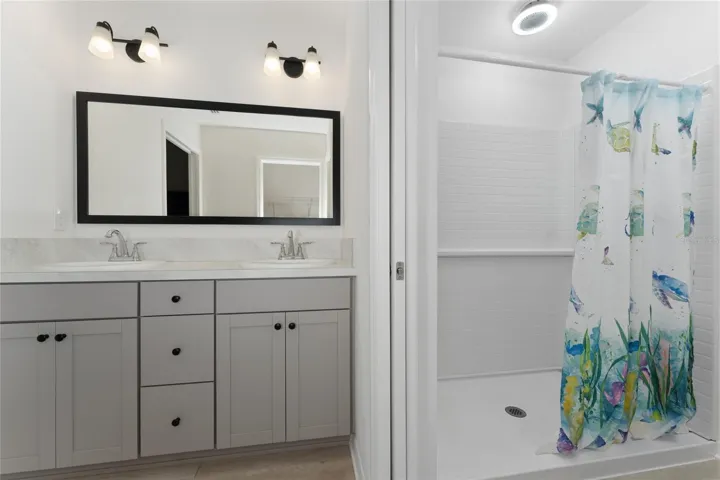 Primary bath with dual vanity, walk-in shower, and custom fan lights.