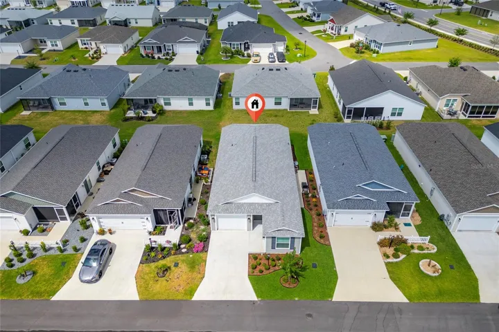 Aerial roofline view with home marker in Avery Villas.