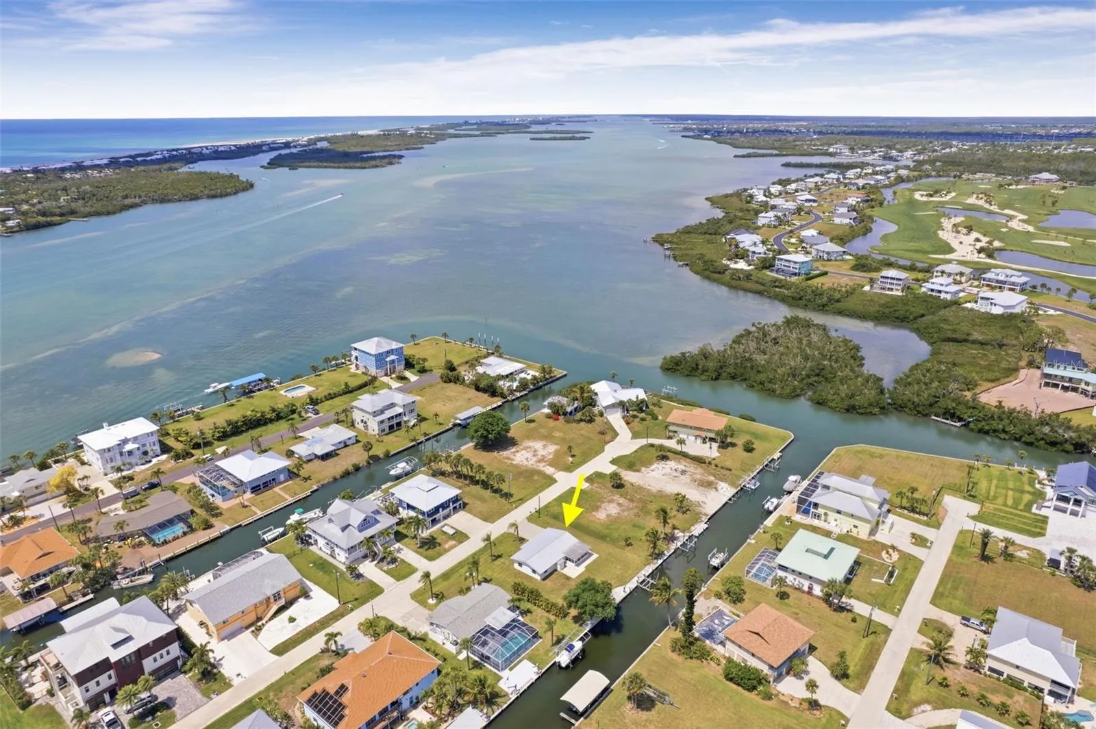 Overhead view of home and Intra-Coastal waterway. No bridges out. Facing Northwest.