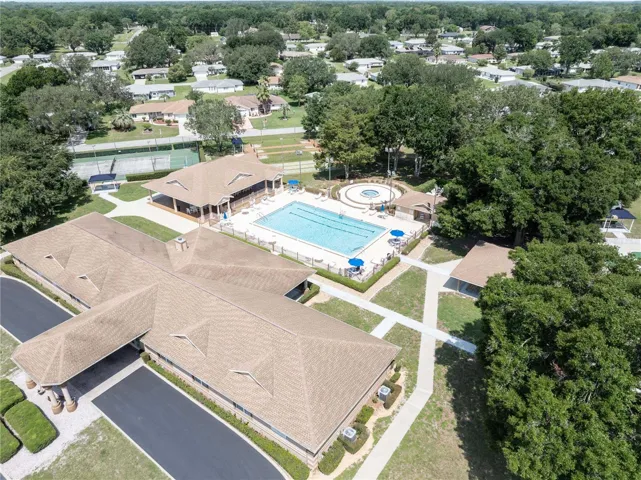 Aerial of clubhouse, pool and recreation area