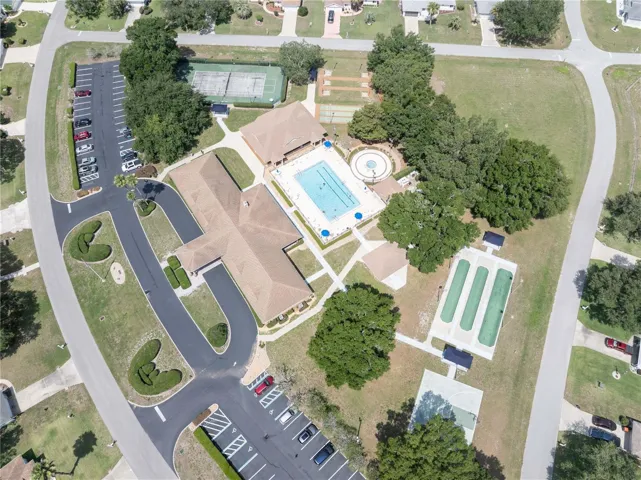 Aerial of clubhouse, pool and recreation area