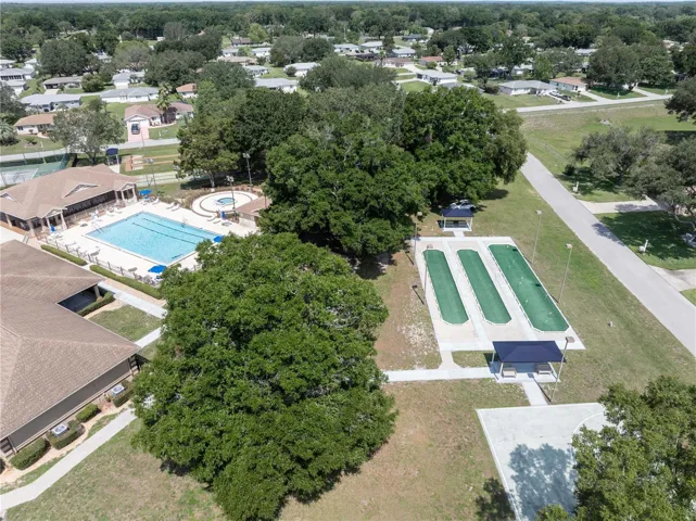 Aerial of clubhouse, pool and recreation area