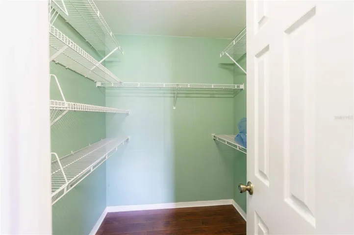 Lots of shelving in walk in closet