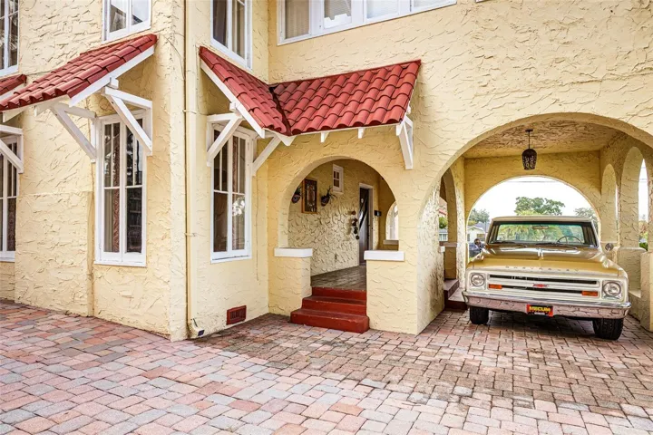 Classic Red Tile Awnings + Covered Porch-Cochere