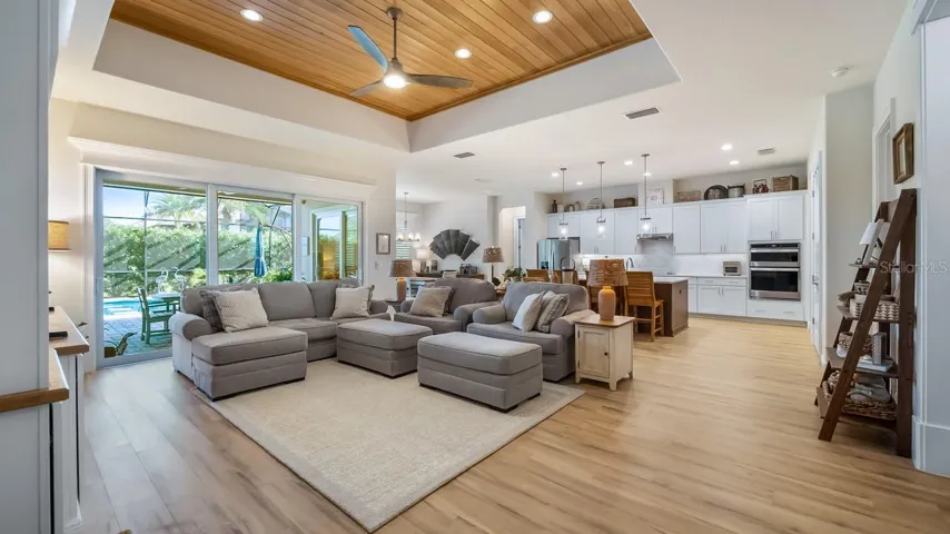 Living Room with Wood Tray Ceiling