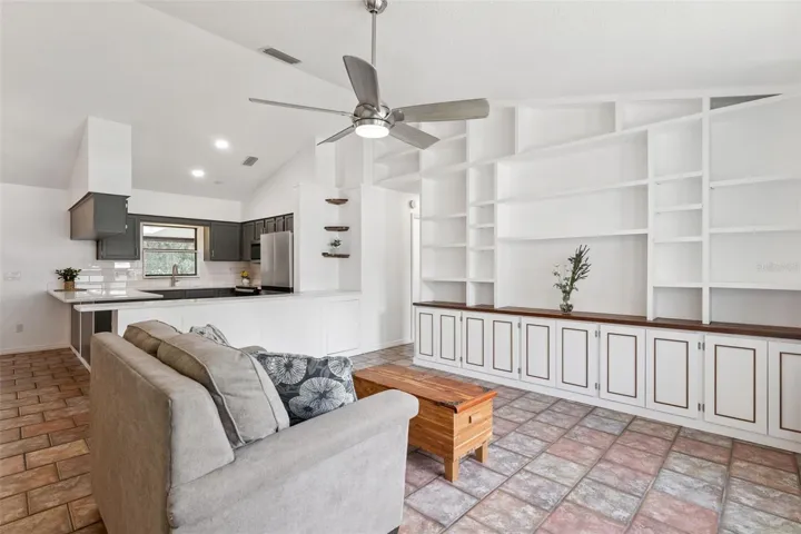 Living room with solid wood built in shelves