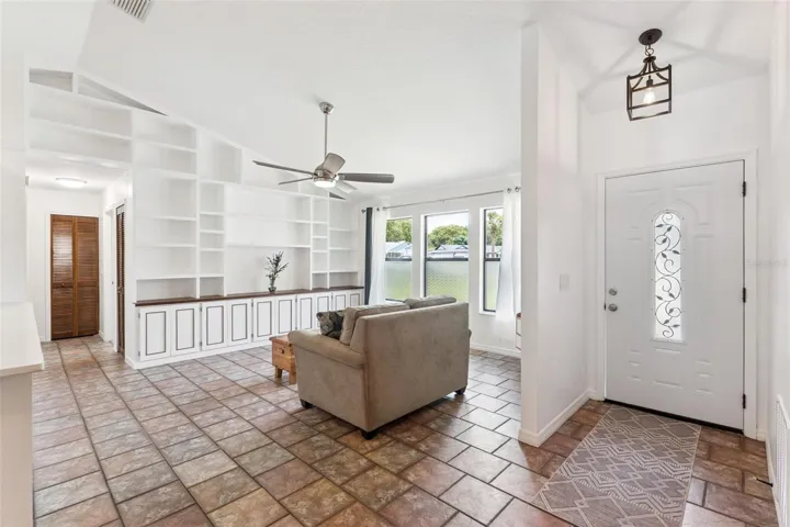 Living room with solid wood built in shelves