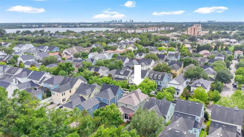 Southwesterly aerial view downtown Orlando in horizon