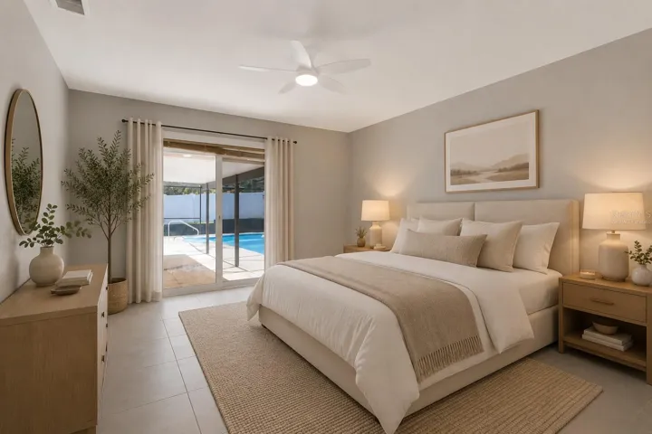 VIRTUALLY STAGED- Primary Bedroom with Access to Pool Area.