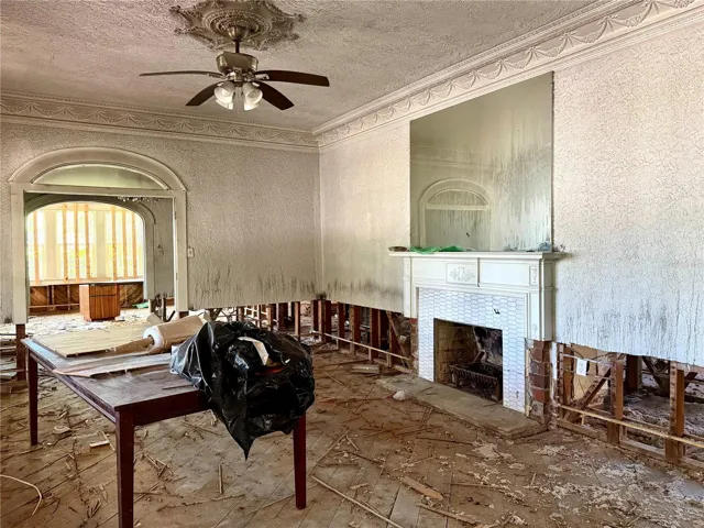 Hand carved crown molding, arched doorways, wood burning fireplace in the Family room