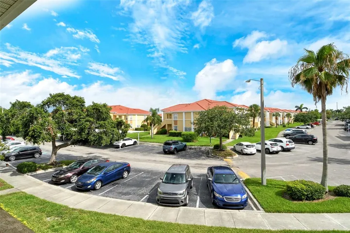 View from porch to parking lot