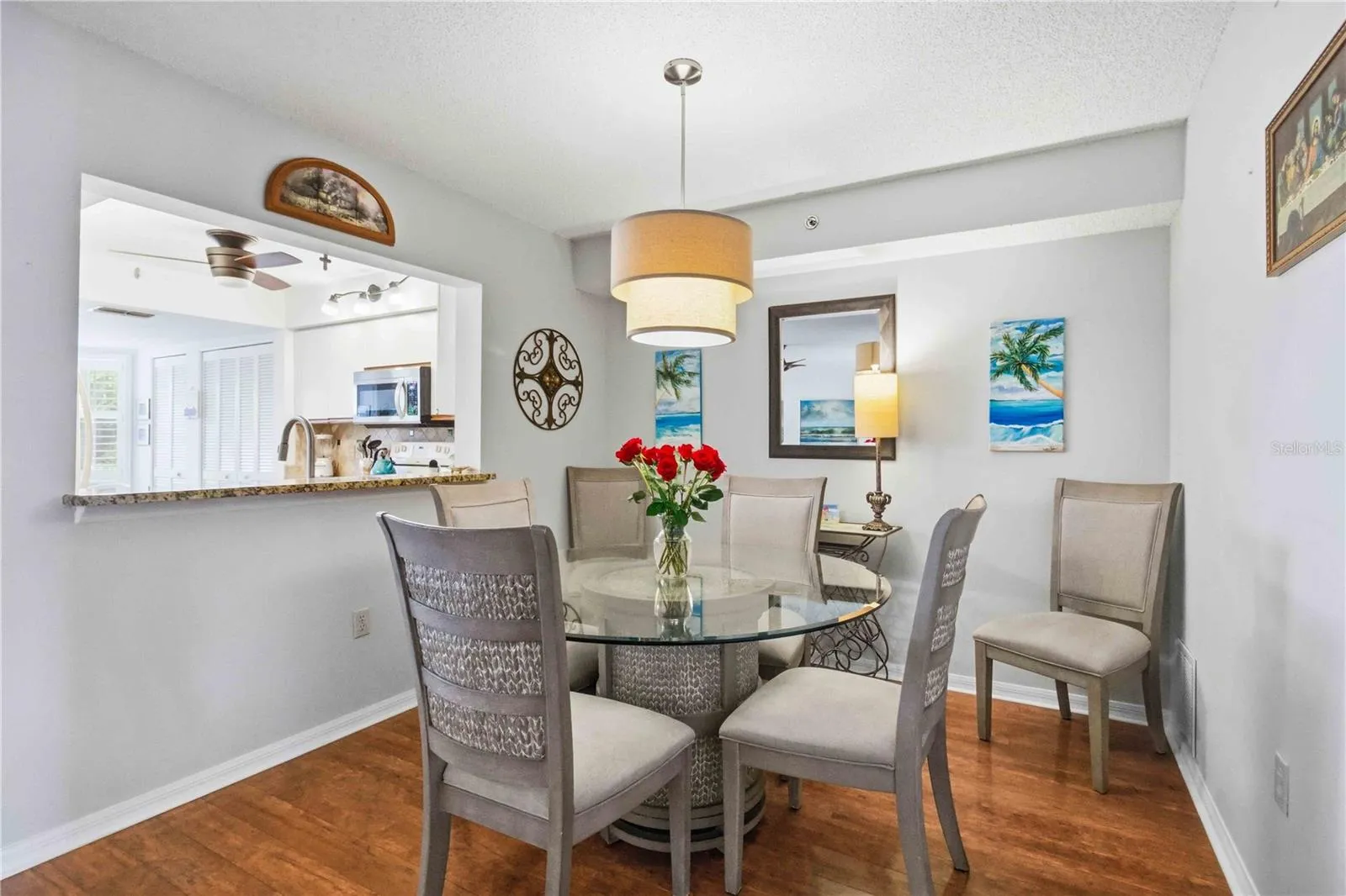 Modern dining room for entertaining guests to the right