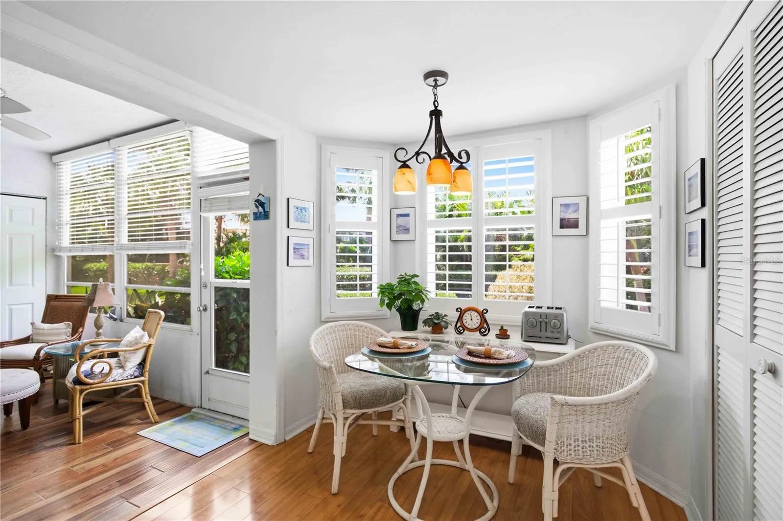 Eat in kitchen space overlooking green space.