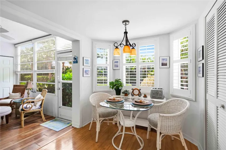 Eat in kitchen space overlooking green space.