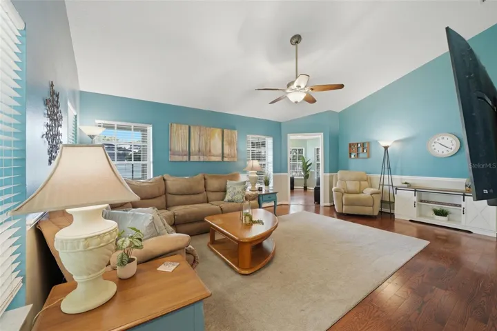 Living room with vaulted ceilings