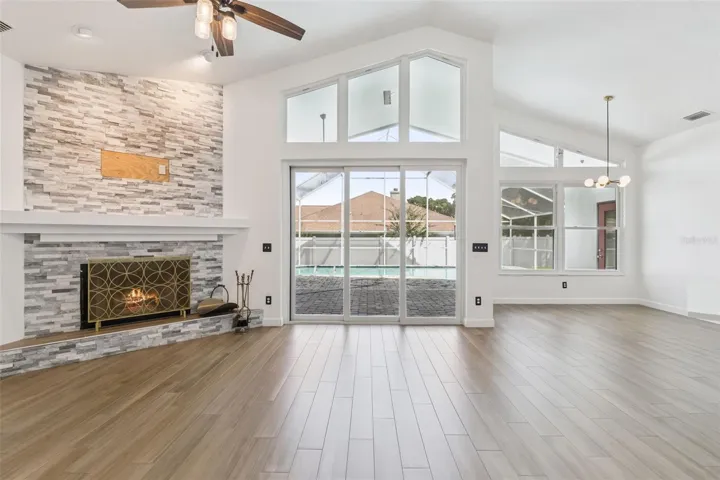 Family Room with Fireplace & New Windows