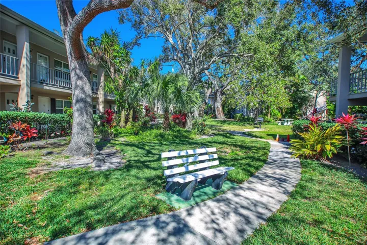 Lush pathway surrounded by mature landscaping