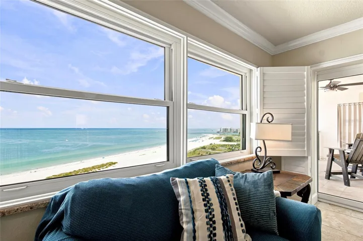 LR to Back Balcony with unobstructed Gulf of America, Sand Key Park and Clearwater Beach.