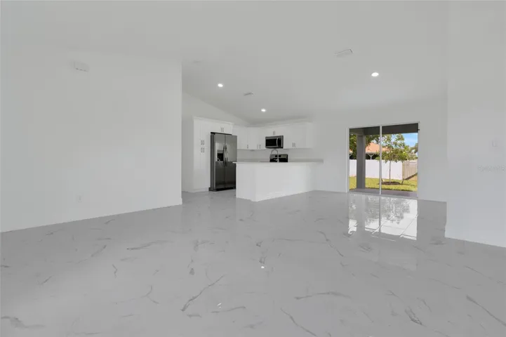 Living room, dining room and kitchen