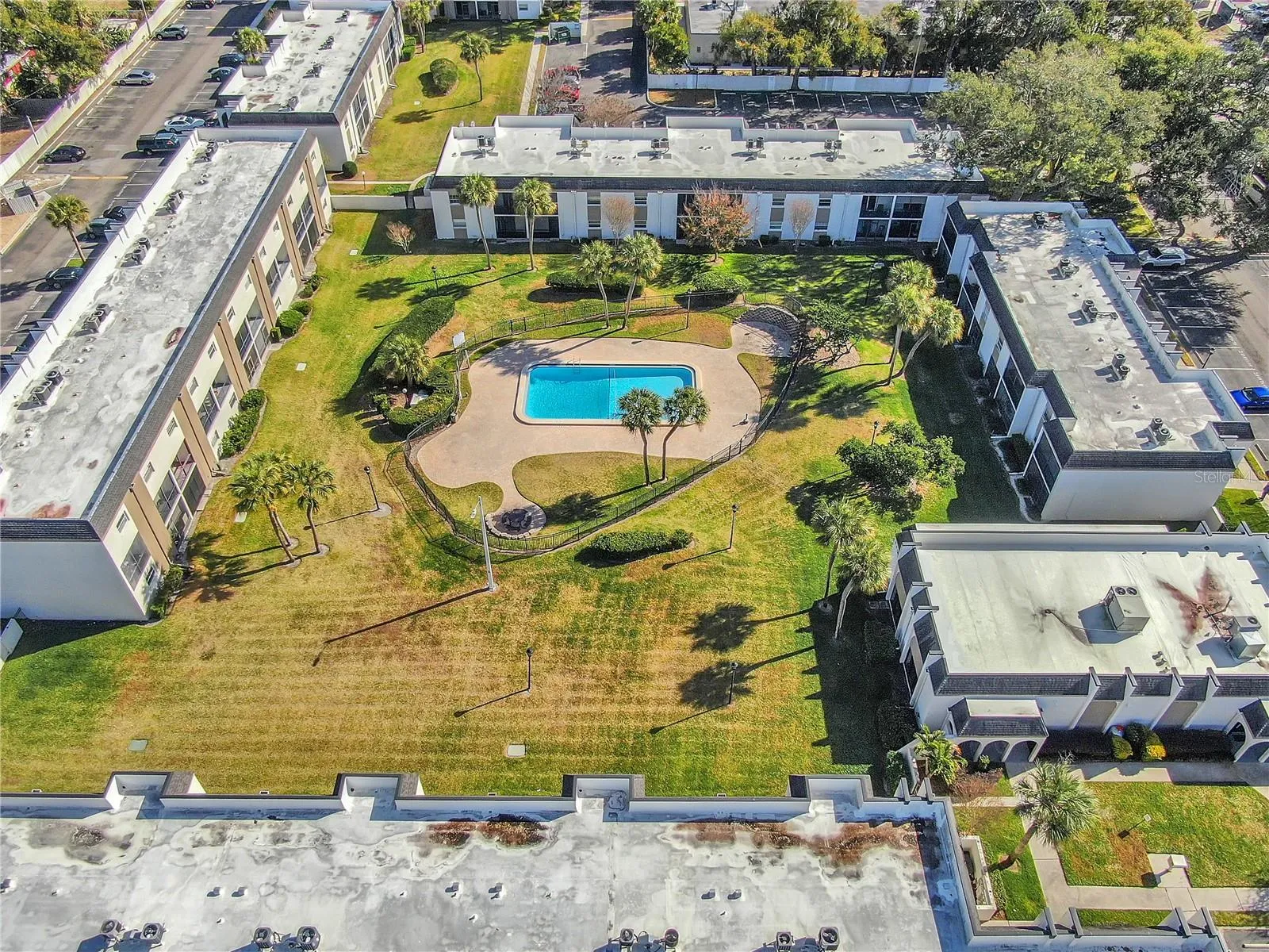Aerial view of pool and courtyard