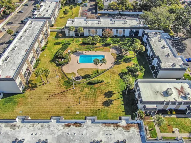 Aerial view of pool and courtyard