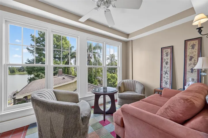 Sitting area/nook overlooking terraced backyard and Lake Highland