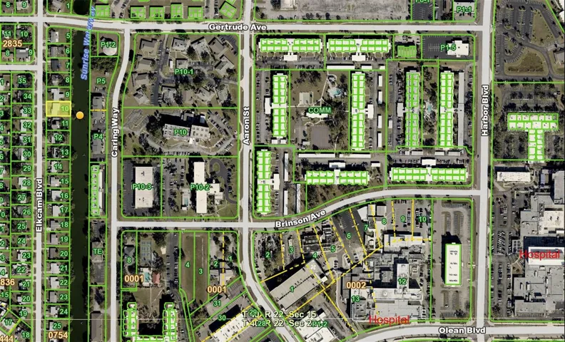 Aerial map showing home, canal, Fawcett Hospital, and Advent Hospital