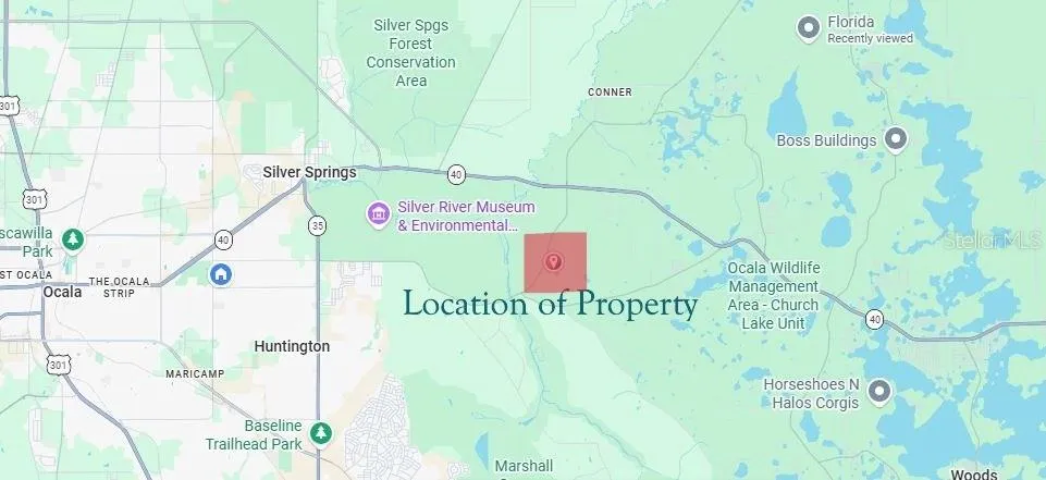 Location of property on the map in relation to the City of Ocala, Silver Springs, Hwy 40 which goes to Ormond Beach and world famouns Daytona Beach, and Ocala Wildlife managemen area with multiple great fishing lakes in the National Forest