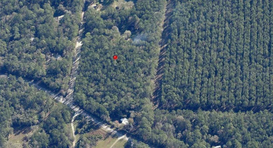 Aerial photograph from west of property towards the east. Shows Hwy 314 on the bottom and the timber tree farms on the right.  Property is where the red dot is located.