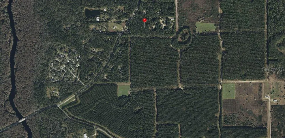 Aerial View of timer tree farms south of the property, and the Ocklawaha River to the left or west of the property.  Location of Property is red dot.