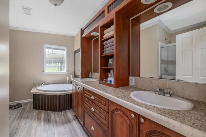 Master bath has garden tub &amp; double sinks