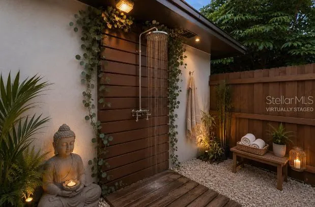 virtually staged walkway to outdoor shower
