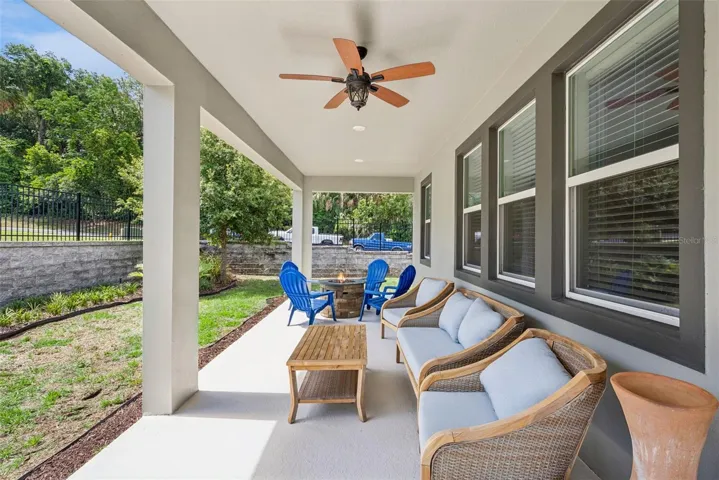 Covered lanai with ceiling fan and LED lighting