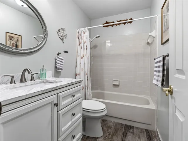 GUEST BATHROOM RENOVATED WITH NEW VANITY, MIRROR, FAUCET, TOILET AND FLOORING