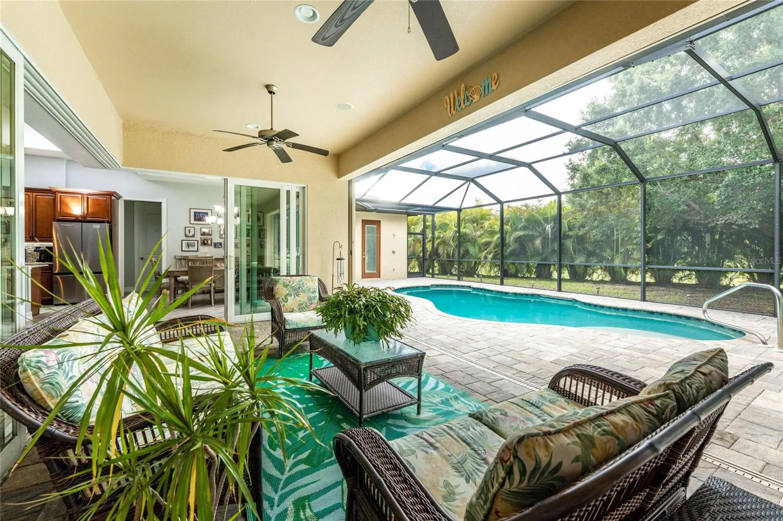 Areca palms line the back of the pool