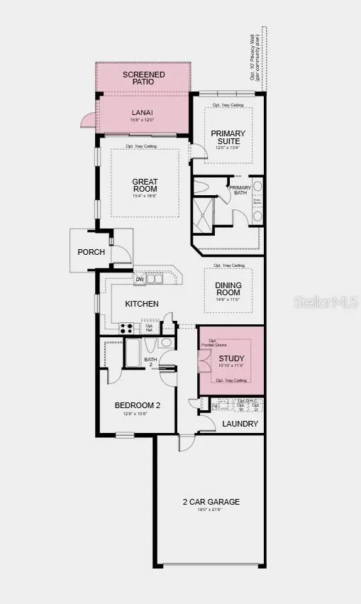 Floor Plan - Additional Highlights Include: tray ceiling package, double pocket doors into the study, 8ft interior doors, extended screened patio with pavers, and impact windows throughout the whole house