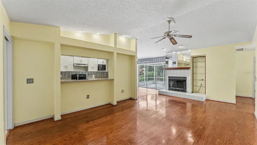Family room with wood burning fireplace