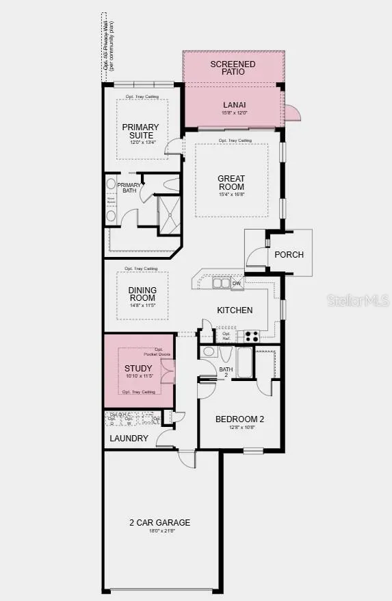 Floor Plan - Additional Highlights Include: tray ceiling package, double pocket doors into the study, 8ft interior doors, extended screened patio with pavers, and impact windows throughout the whole house