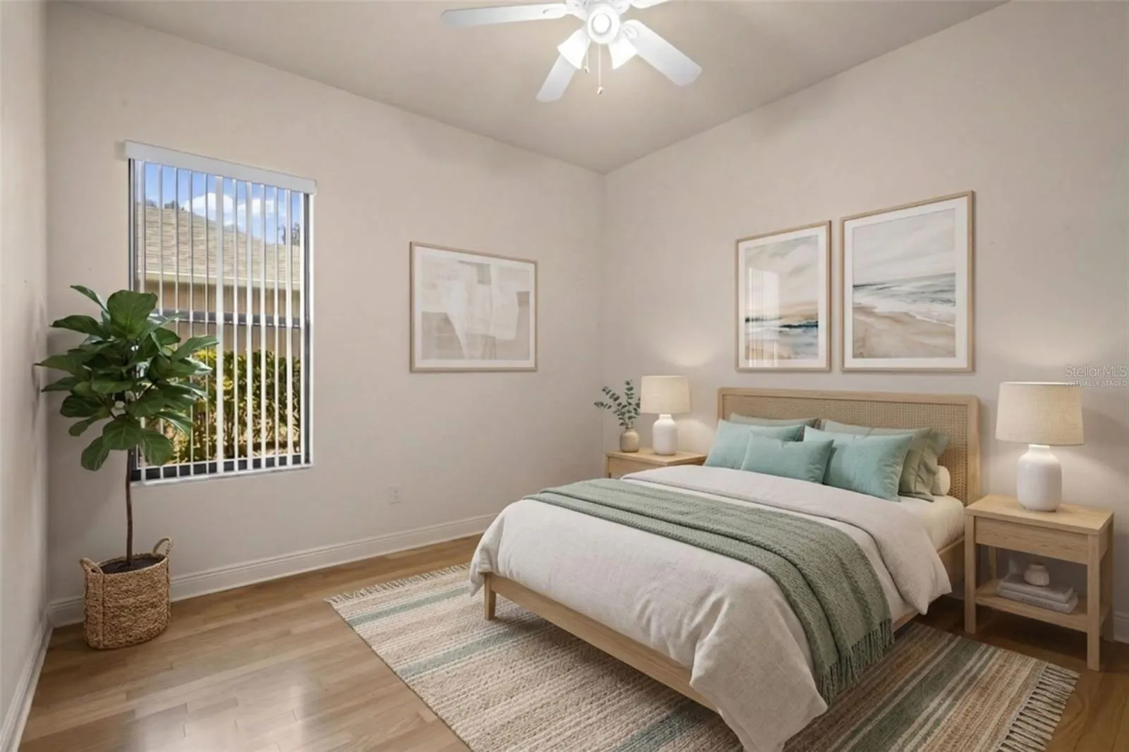 A comfortable secondary bedroom with flexible space for family members or overnight guests. - virtually staged
