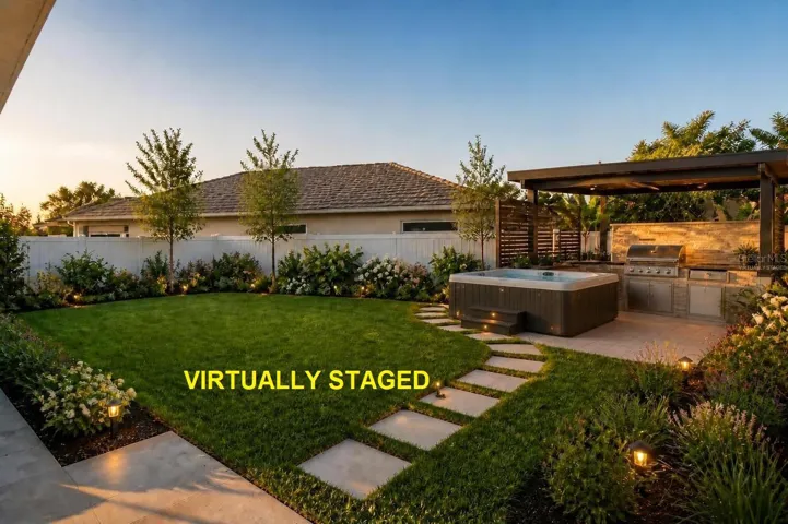 Virtually Staged yard Outdoor Kitchen and Hot Tub