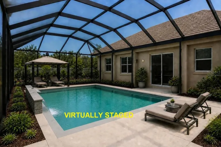 Virtually Staged Covered Pool with Waterfall