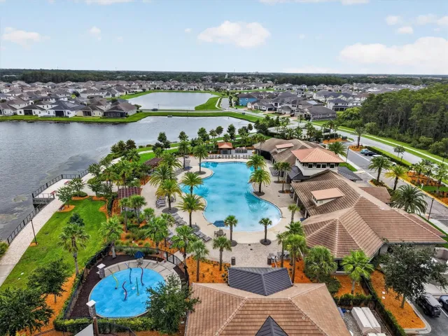 Tapestry community pool overlooking the lake aerial view